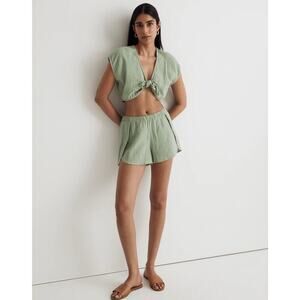 Madewell‎ Double-Gauze Tie-Front Cropped Top Women’s Small Green Capped Sleeve